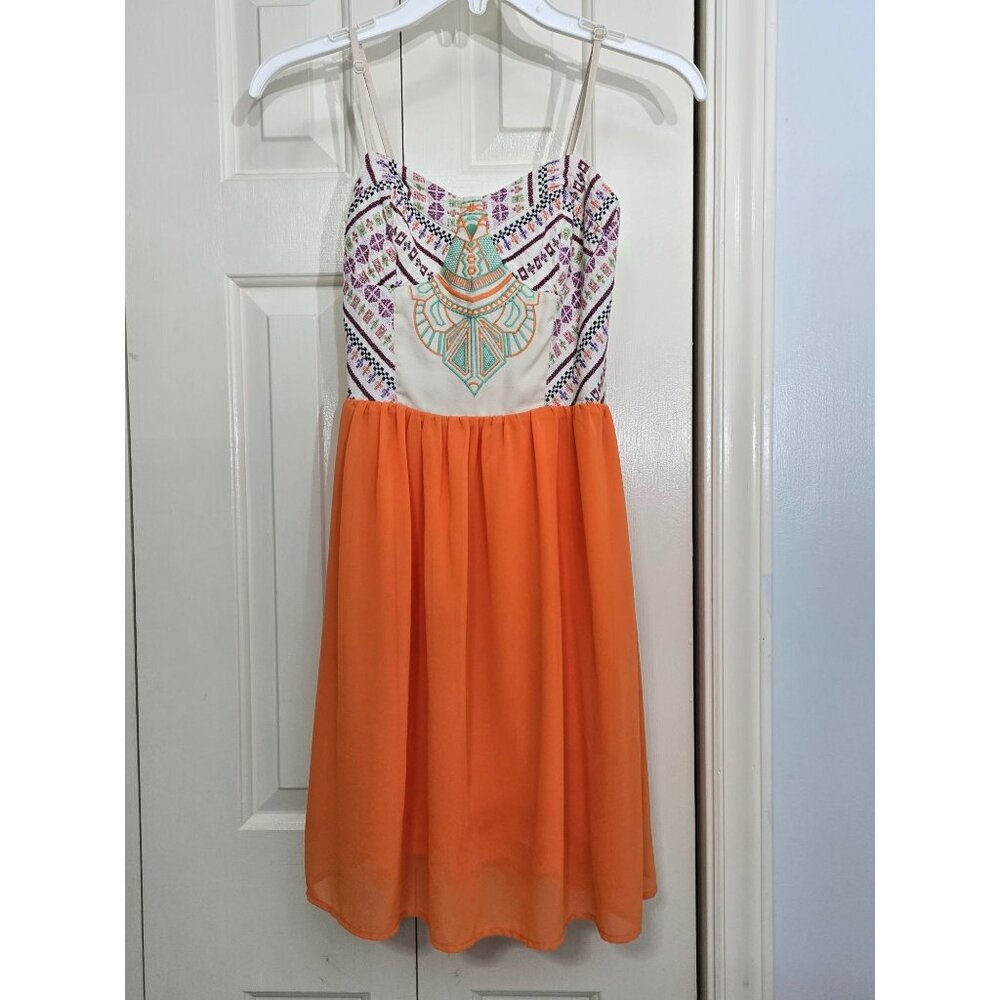 Flying Tomato Embroidered Orange & Cream Sundress With Adjustable Straps S